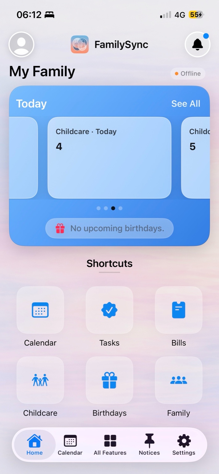 FamilySync home screen showing today cards and shortcuts